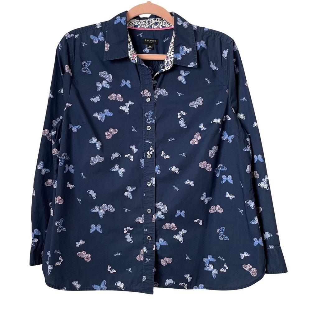 Talbots Top Womens Large Petite Navy Butterfly‎ Print Button Down Shirt Cotton